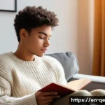 Home 18 자아 발견을 위한 긍정적 정체성의 역할 - A young adult (18-25 years old) sits comfortably on a plush armchair in a warmly lit, minimalist apa...