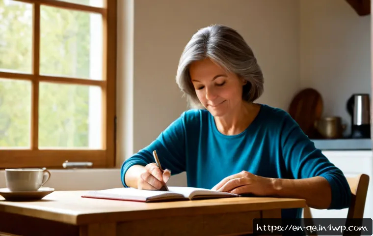 긍정적 정체성을 위한 일기 쓰기의 효과 - Photorealistic morning lifestyle scene of a relaxed middle-aged woman writing thoughtfully in an ope...